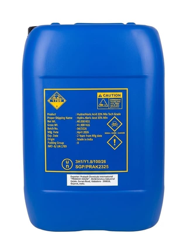 Hydrochloric Acid 33% Min Tech Grade — Colorless to slightly yellow liquid
