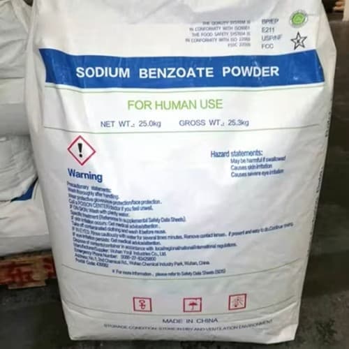 Sodium Benzoate Powder — 25 kg white woven sack labelled for human use