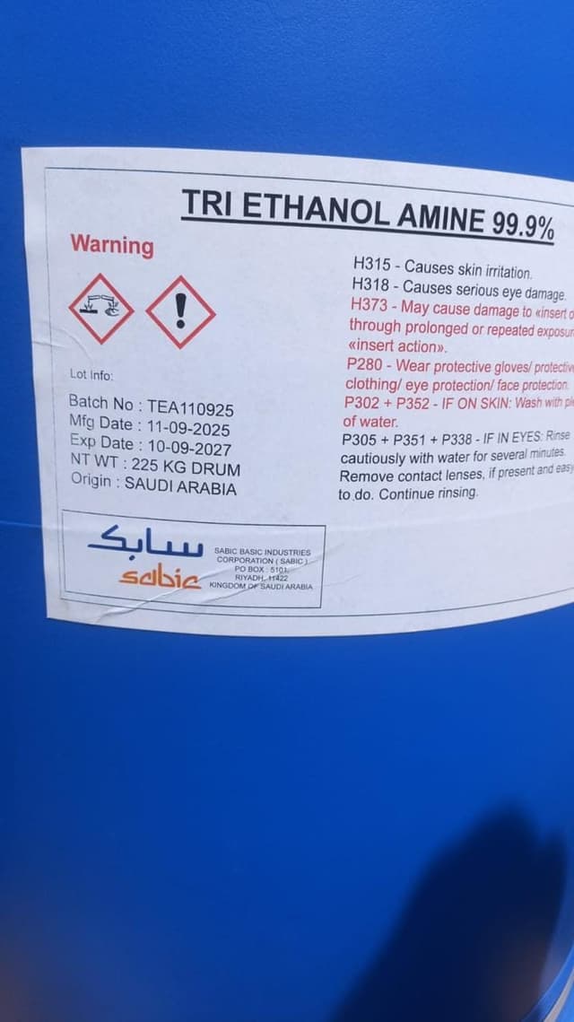 Tri Ethanol Amine 99.9% — Clear, colorless liquid